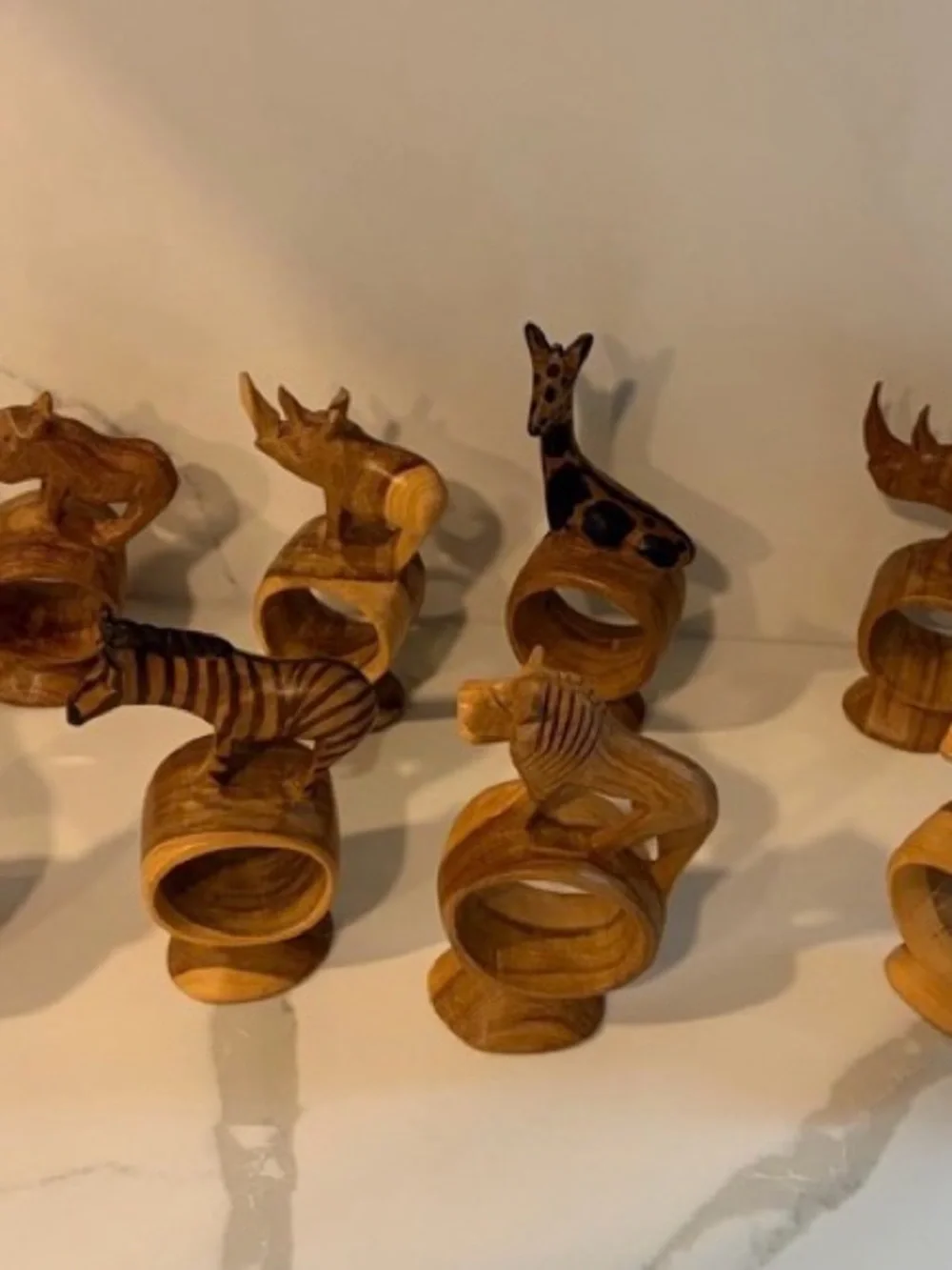 1970s Vintage Hand Carved Wooden Safari Animal Napkin Rings Set of 12